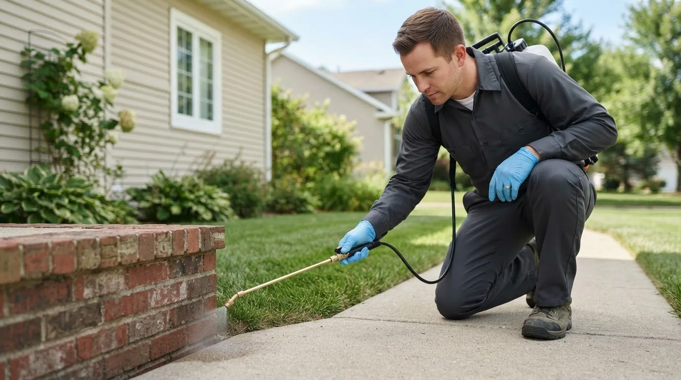 Pest control technician treating a home near White City, OR