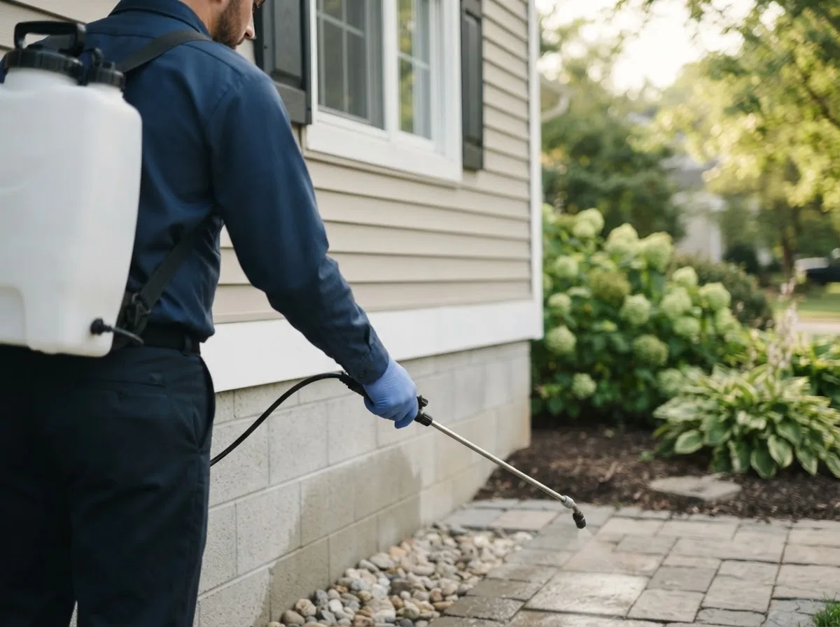 Pest control technician inspecting a home in White City, OR